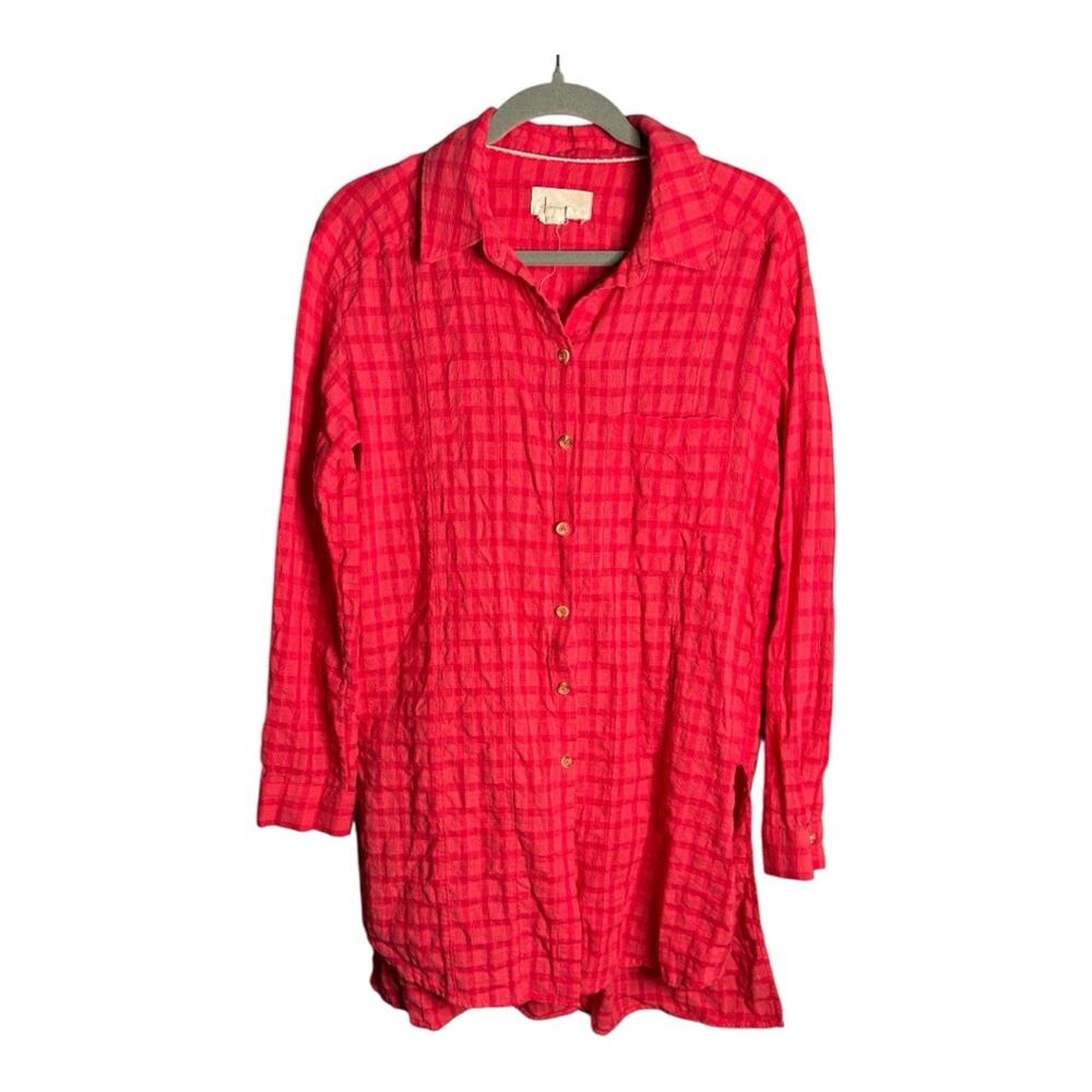 Anthropologie Pink Checkered Long Sleeve Button Front Tunic Medium
